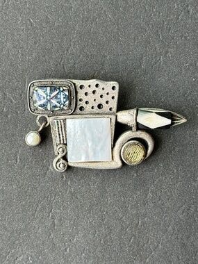 JILL SCHWARTZ ELEMENTS Found Object Assemblage Brooch Eclectic Collage Designer